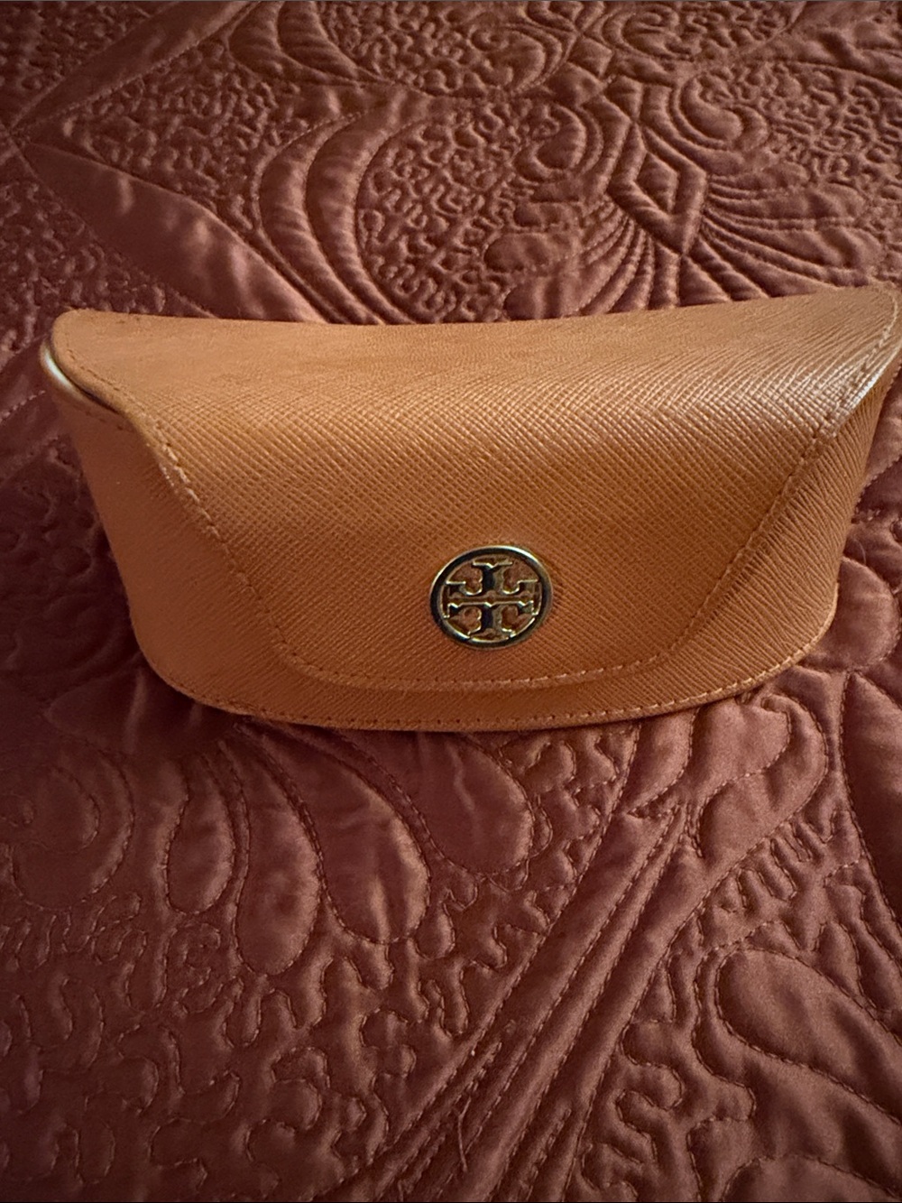 Tory Burch Tan Saffiano Leather Sunglasses Case with Gold Logo